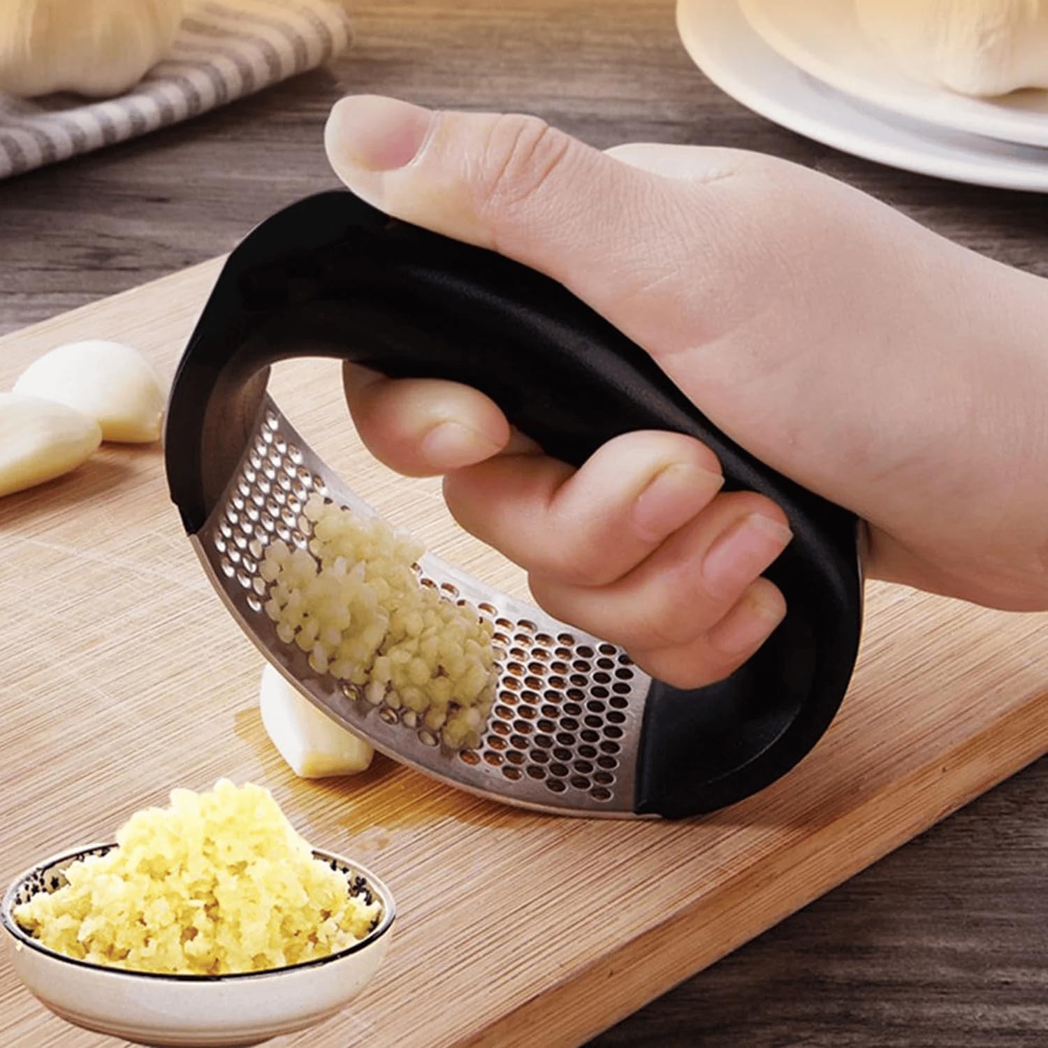 Kitchen Stainless Steel Garlic Press with Ergonomic Handle | Handy Garlic Crusher Tool | Multicolor