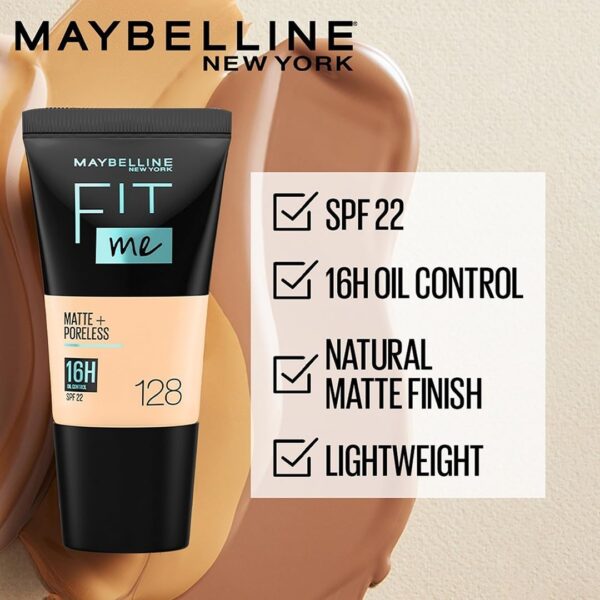 Maybelline Fit Me Matte + Poreless Foundation 128 Warm Nude - Full Coverage for Oily Skin | 18ml